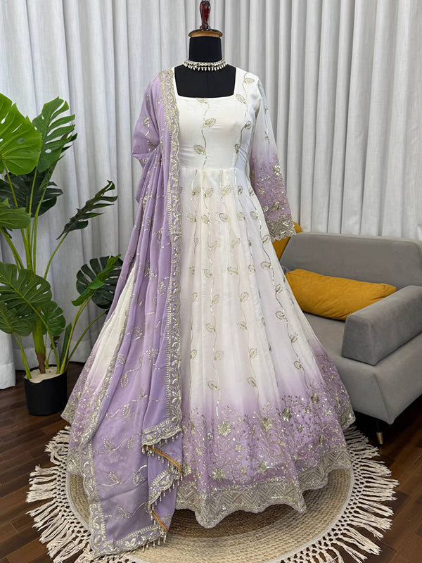 Lavender Shaded White Thread Sequence Work Star Georgette Gown With Dupatta