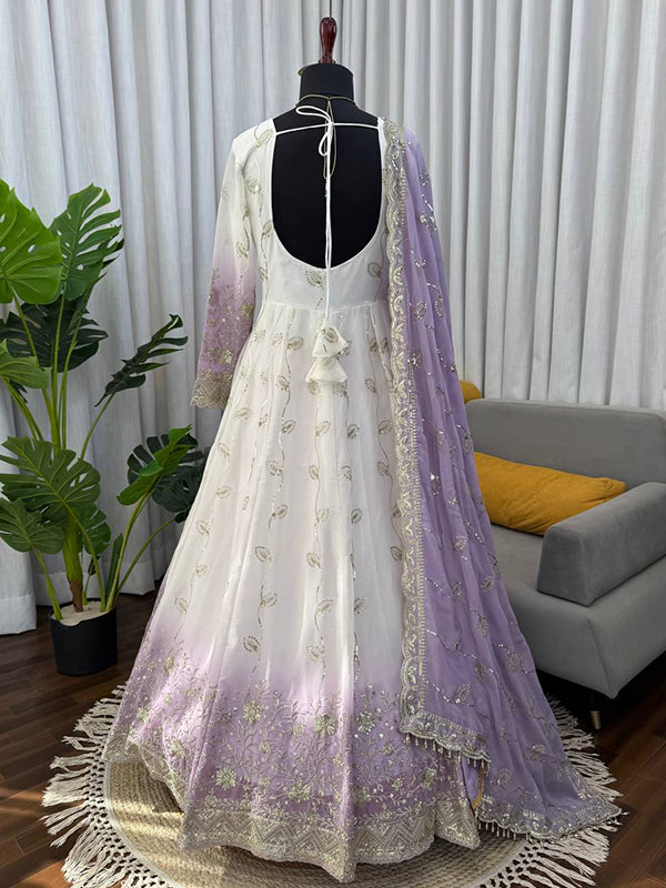 Lavender Shaded White Thread Sequence Work Star Georgette Gown With Dupatta