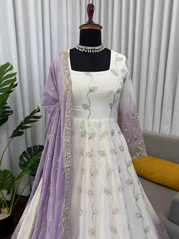 Lavender Shaded White Thread Sequence Work Star Georgette Gown With Dupatta