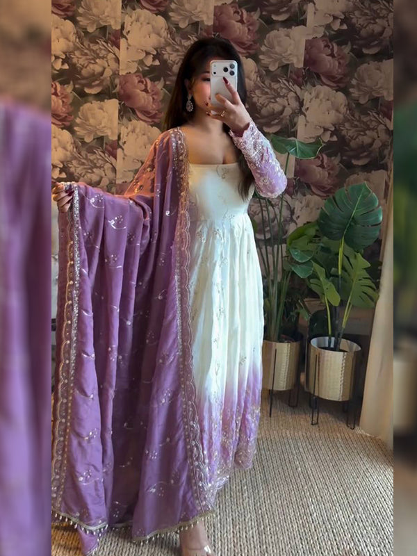 Lavender Shaded White Thread Sequence Work Star Georgette Gown With Dupatta
