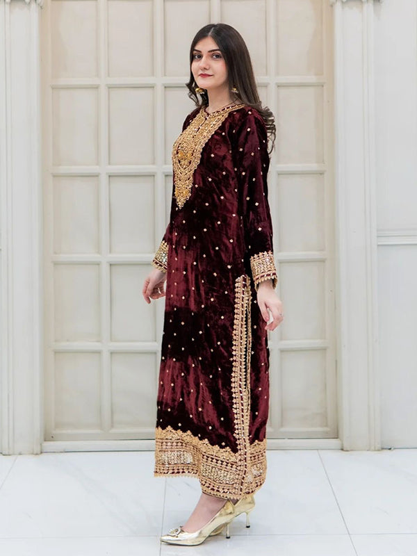 Maroon Embroidery Sequence Work Viscose Velvet Suit Set With Dupatta