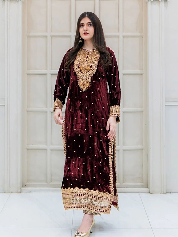 Maroon Embroidery Sequence Work Viscose Velvet Suit Set With Dupatta