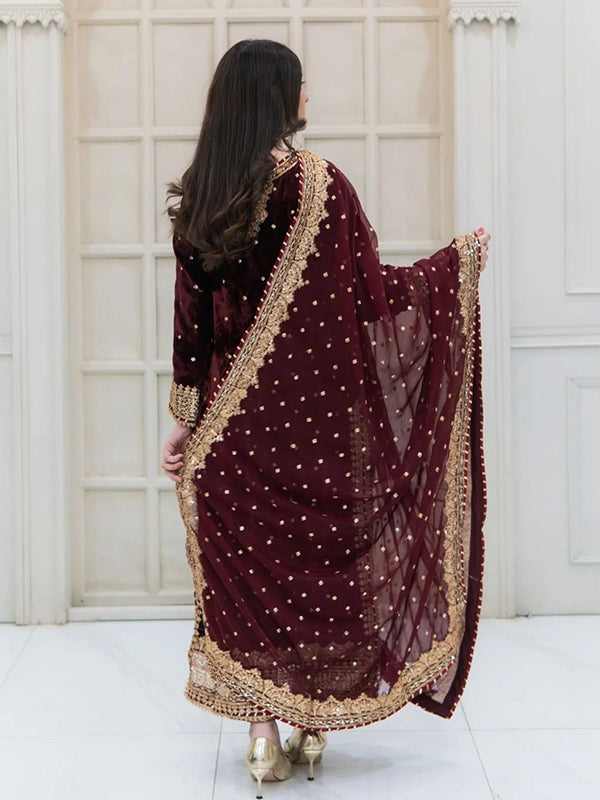 Maroon Embroidery Sequence Work Viscose Velvet Suit Set With Dupatta