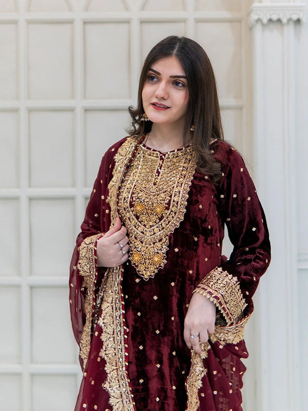 Maroon Embroidery Sequence Work Viscose Velvet Suit Set With Dupatta