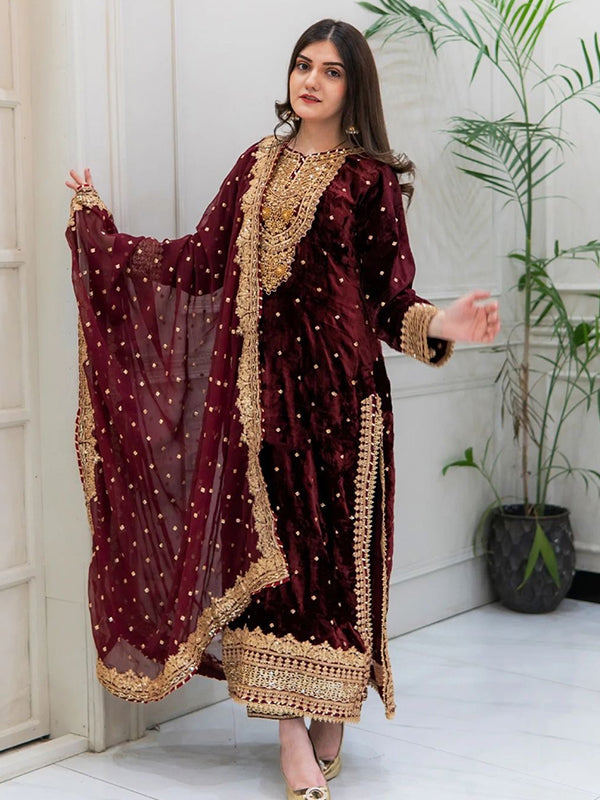 Maroon Embroidery Sequence Work Viscose Velvet Suit Set With Dupatta