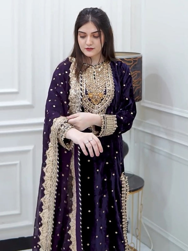 Purple Embroidery Sequence Work Viscose Velvet Suit Set With Dupatta