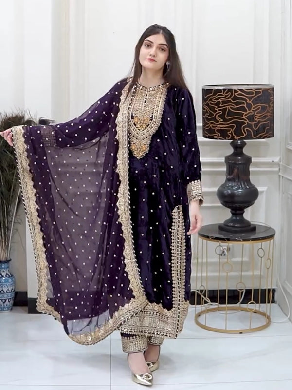 Purple Embroidery Sequence Work Viscose Velvet Suit Set With Dupatta