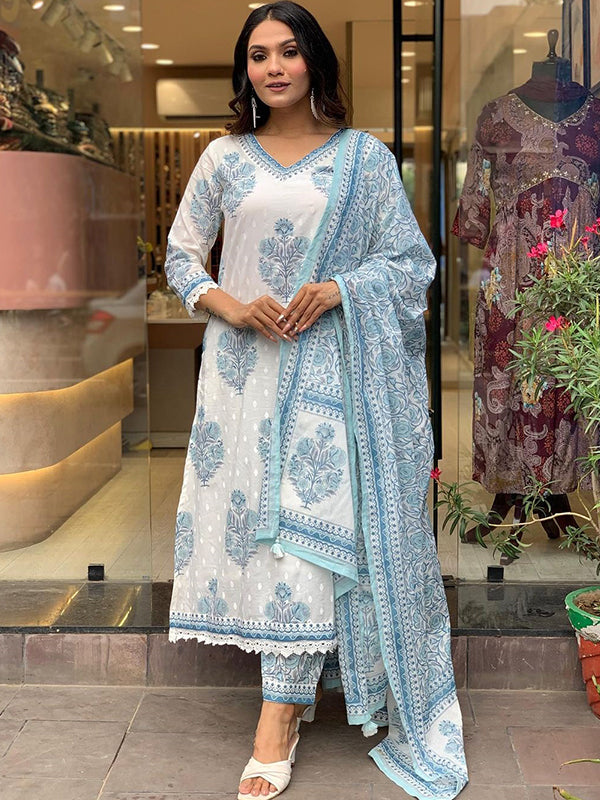 Sky Butta Printed Cotton Kurti With Pant & Dupatta Set