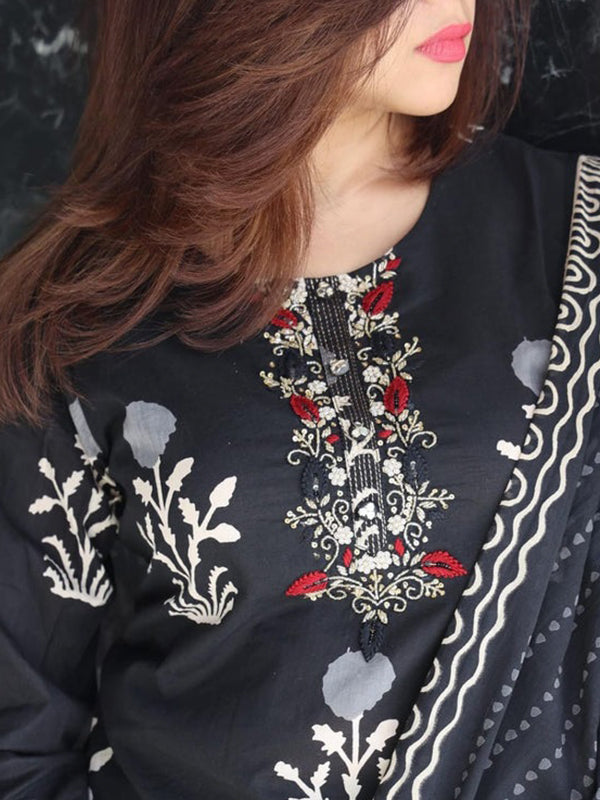 Black Butta Printed Cotton Kurti With Pant & Dupatta Set