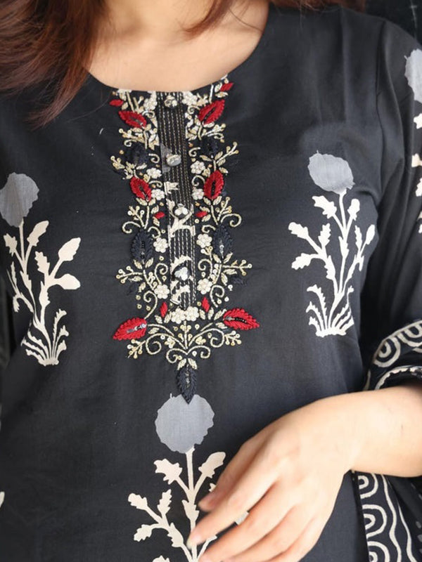 Black Butta Printed Cotton Kurti With Pant & Dupatta Set