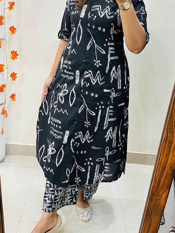Black Printed Cotton Kurti With Pant