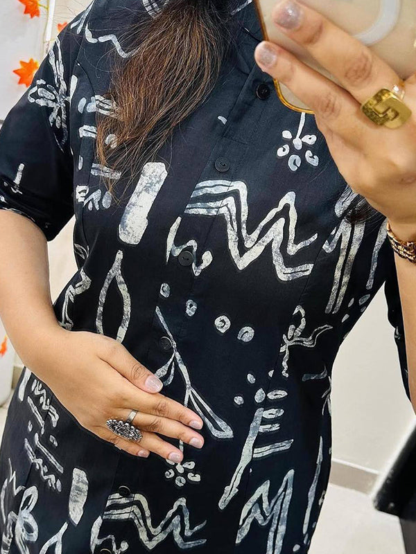 Black Printed Cotton Kurti With Pant