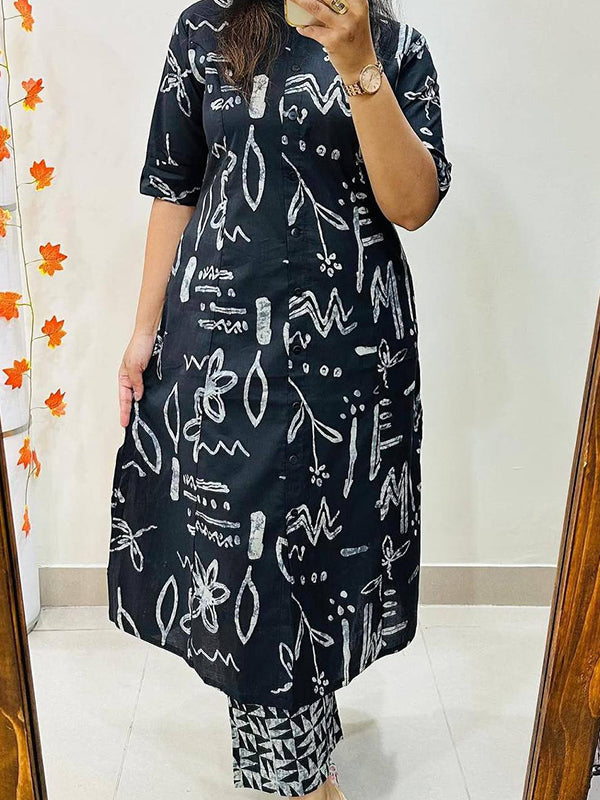 Black Printed Cotton Kurti With Pant