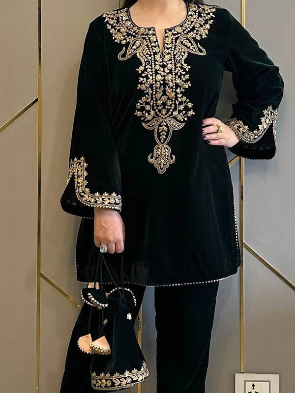Black Embroidery Work Viscose Velvet Co-ords Set