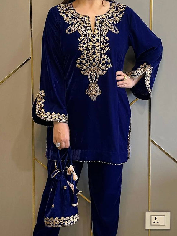 Blue Embroidery Work Viscose Velvet Co-ords Set