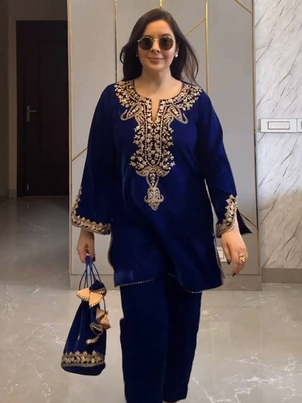 Blue Embroidery Work Viscose Velvet Co-ords Set