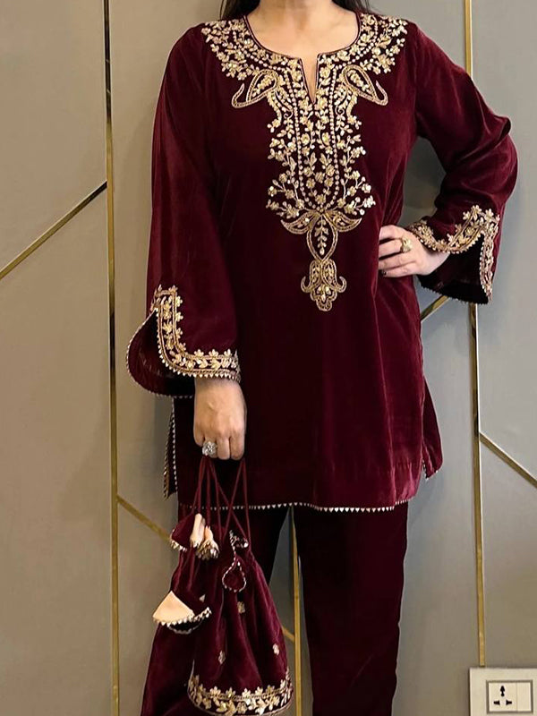 Maroon Embroidery Work Viscose Velvet Co-ords Set