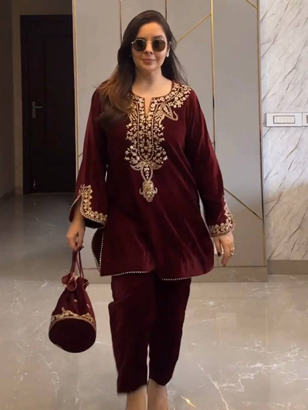 Maroon Embroidery Work Viscose Velvet Co-ords Set