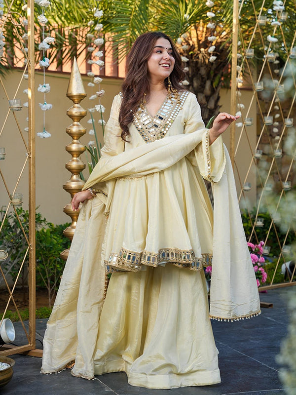 Ivory Mirror Work Cosmos Gold Jari Silk Top Sharara With Dupatta