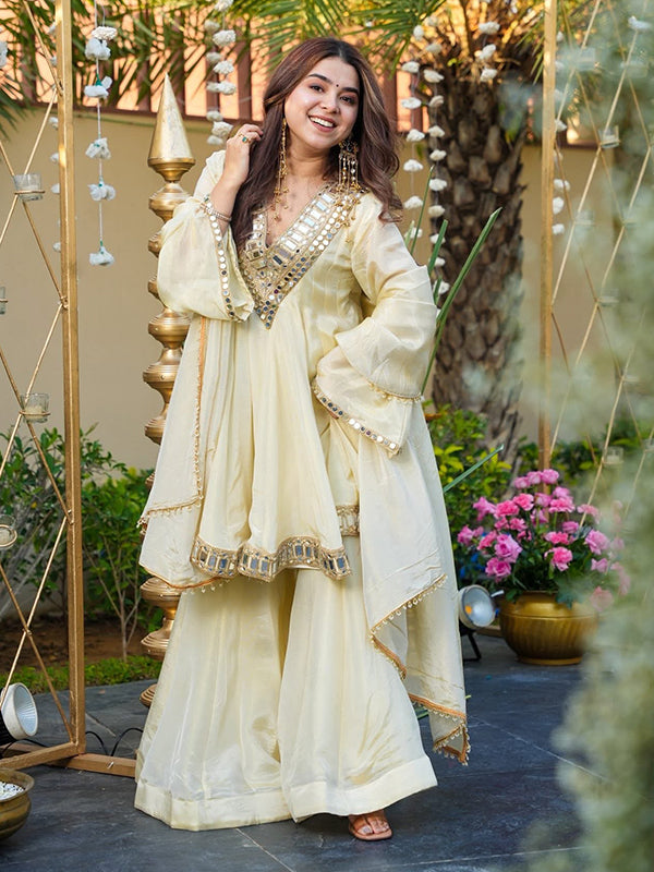 Ivory Mirror Work Cosmos Gold Jari Silk Top Sharara With Dupatta