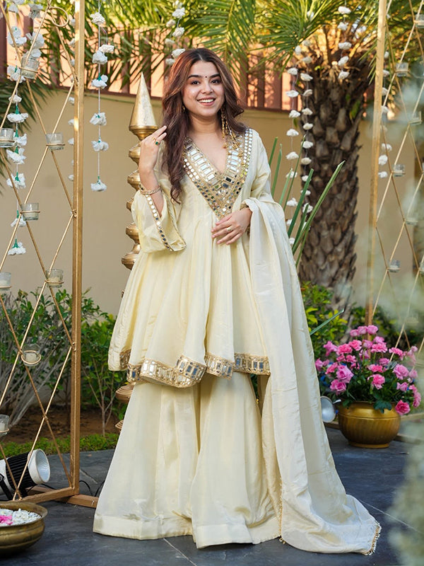 Ivory Mirror Work Cosmos Gold Jari Silk Top Sharara With Dupatta