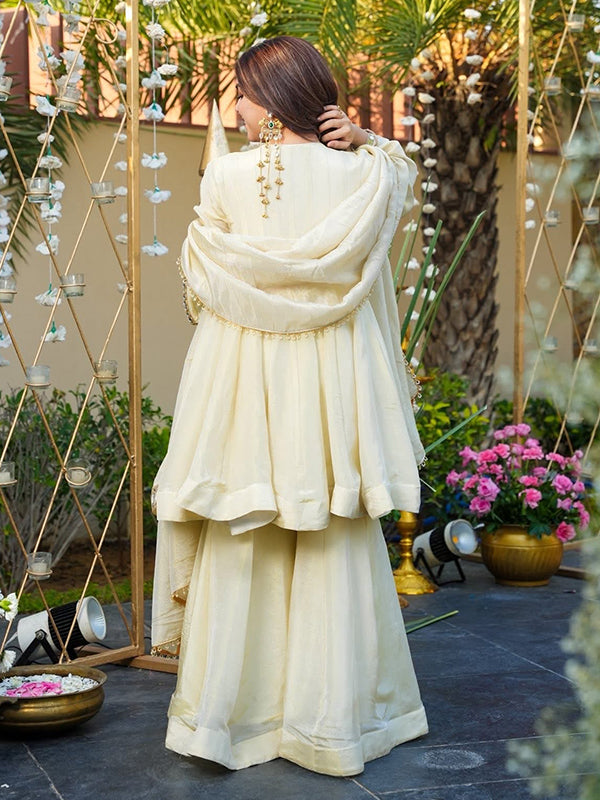 Ivory Mirror Work Cosmos Gold Jari Silk Top Sharara With Dupatta