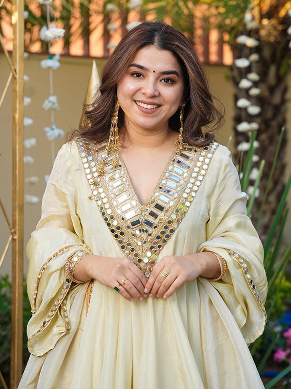 Ivory Mirror Work Cosmos Gold Jari Silk Top Sharara With Dupatta