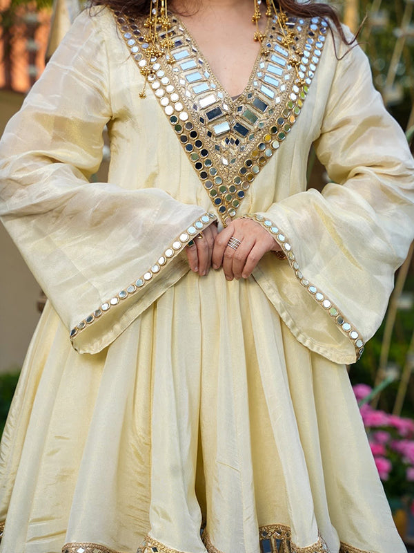 Ivory Mirror Work Cosmos Gold Jari Silk Top Sharara With Dupatta