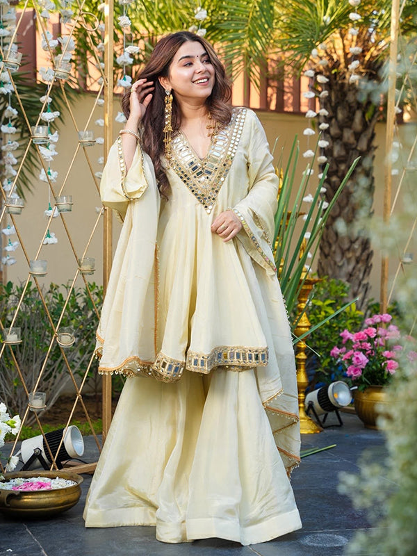 Ivory Mirror Work Cosmos Gold Jari Silk Top Sharara With Dupatta