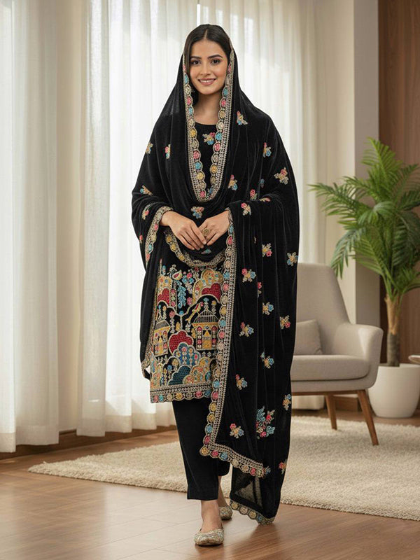 Black Embroidery Coding Sequence Work Velvet Suit Set With Dupatta