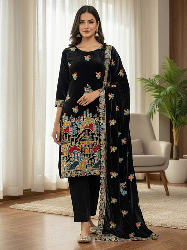 Black Embroidery Coding Sequence Work Velvet Suit Set With Dupatta