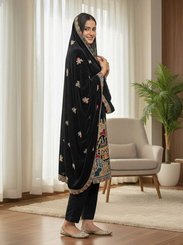 Black Embroidery Coding Sequence Work Velvet Suit Set With Dupatta
