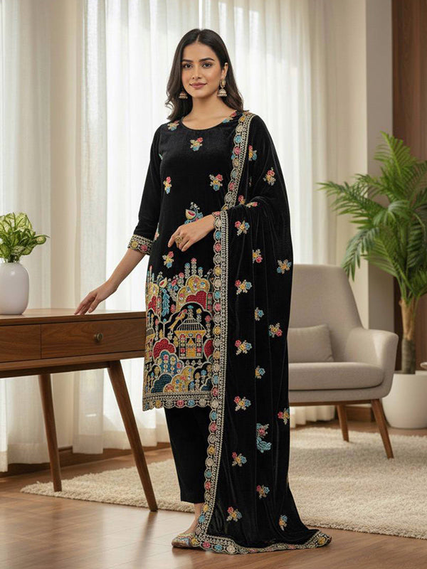 Black Embroidery Coding Sequence Work Velvet Suit Set With Dupatta