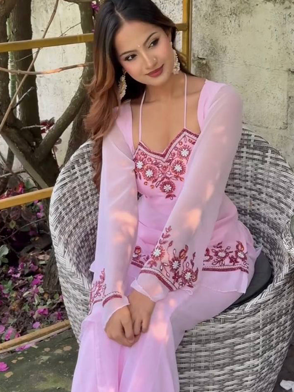 Light Pink Embroidery Sequence Work Faux Georgette Palazzo Suit