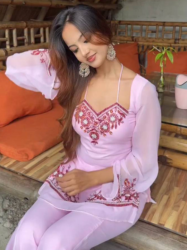Light Pink Embroidery Sequence Work Faux Georgette Palazzo Suit