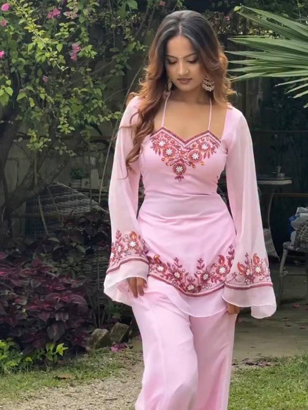 Light Pink Embroidery Sequence Work Faux Georgette Palazzo Suit