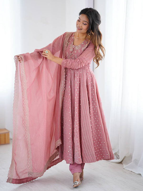 Peach Embroidery Sequence Work Crunchy Silk Anarkali Gown With Dupatta