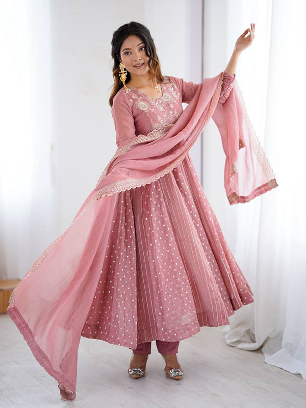 Peach Embroidery Sequence Work Crunchy Silk Anarkali Gown With Dupatta