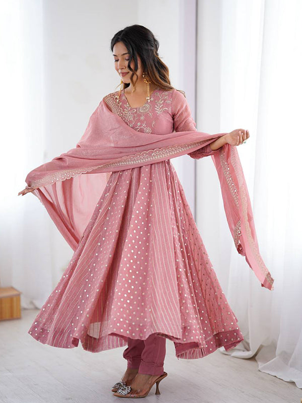 Peach Embroidery Sequence Work Crunchy Silk Anarkali Gown With Dupatta
