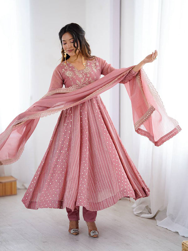 Peach Embroidery Sequence Work Crunchy Silk Anarkali Gown With Dupatta