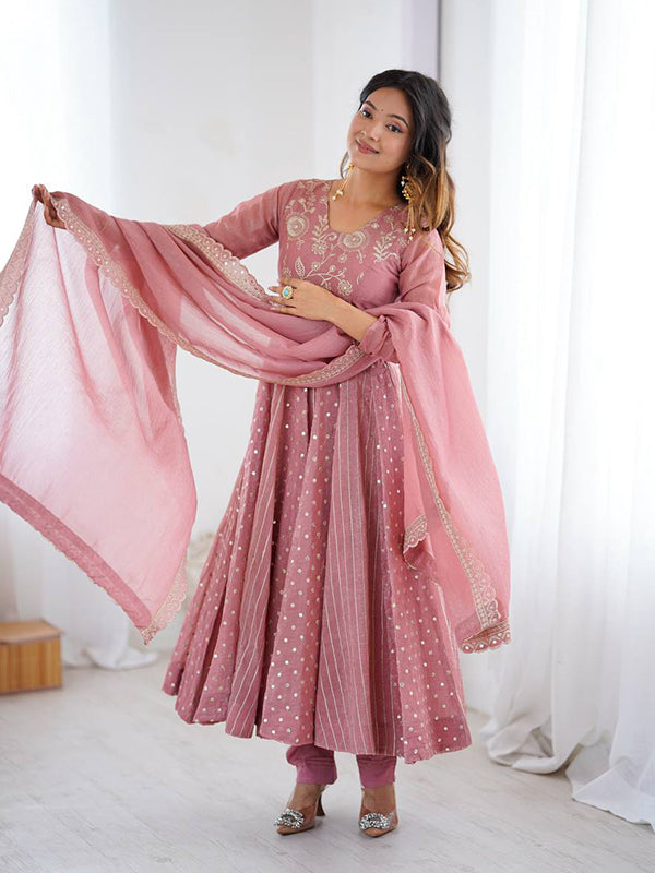 Peach Embroidery Sequence Work Crunchy Silk Anarkali Gown With Dupatta