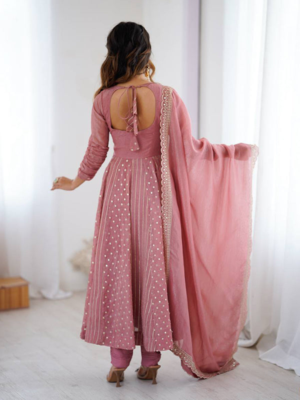 Peach Embroidery Sequence Work Crunchy Silk Anarkali Gown With Dupatta