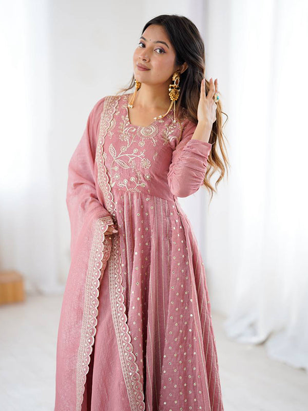 Peach Embroidery Sequence Work Crunchy Silk Anarkali Gown With Dupatta