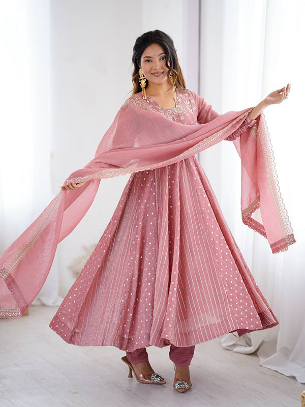 Peach Embroidery Sequence Work Crunchy Silk Anarkali Gown With Dupatta