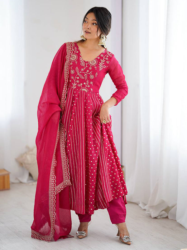 Pink Embroidery Sequence Work Crunchy Silk Anarkali Gown With Dupatta