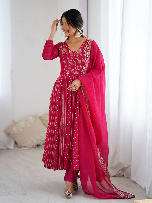 Pink Embroidery Sequence Work Crunchy Silk Anarkali Gown With Dupatta