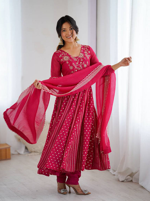 Pink Embroidery Sequence Work Crunchy Silk Anarkali Gown With Dupatta