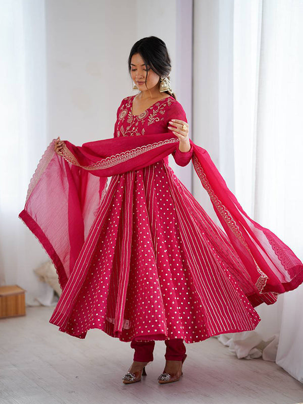 Pink Embroidery Sequence Work Crunchy Silk Anarkali Gown With Dupatta