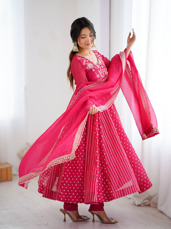 Pink Embroidery Sequence Work Crunchy Silk Anarkali Gown With Dupatta