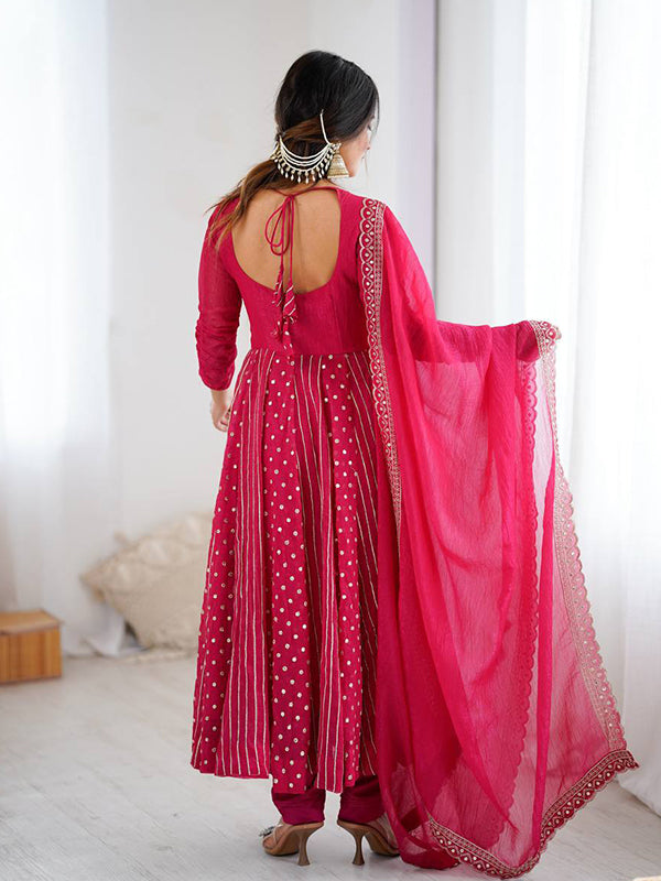 Pink Embroidery Sequence Work Crunchy Silk Anarkali Gown With Dupatta
